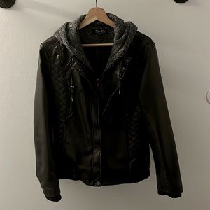 Mo-ka dark gray/black faux leather jacket with gray knit hood